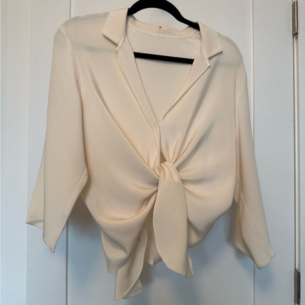 Elegant Cream 100% silk Tie-Front Blouse